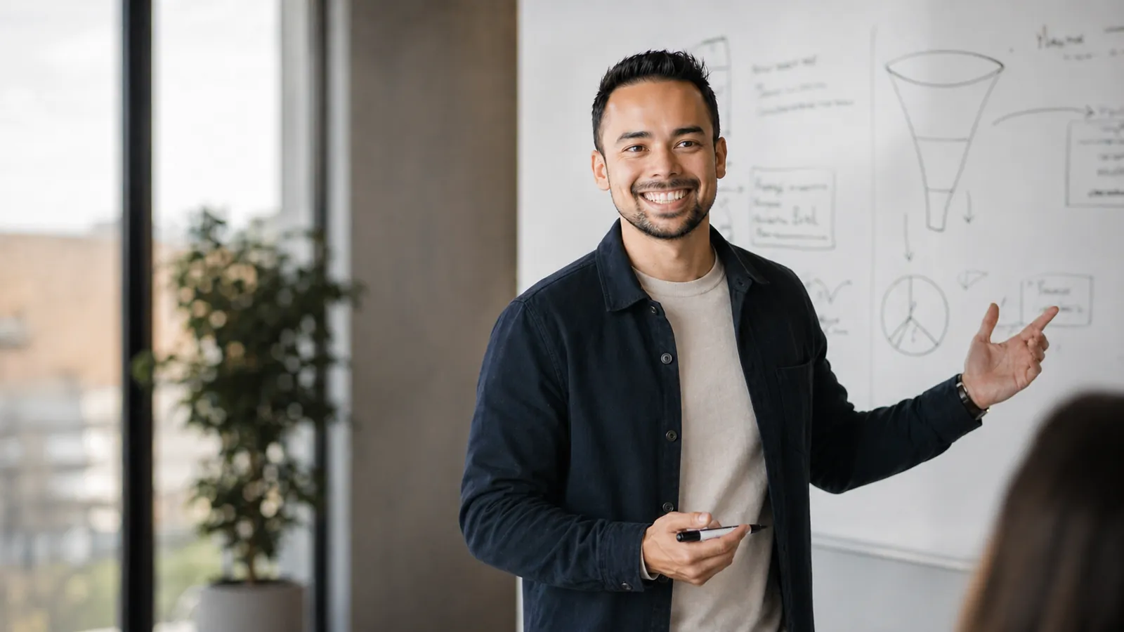 Shane Rasnak presenting a marketing funnel at a whiteboard